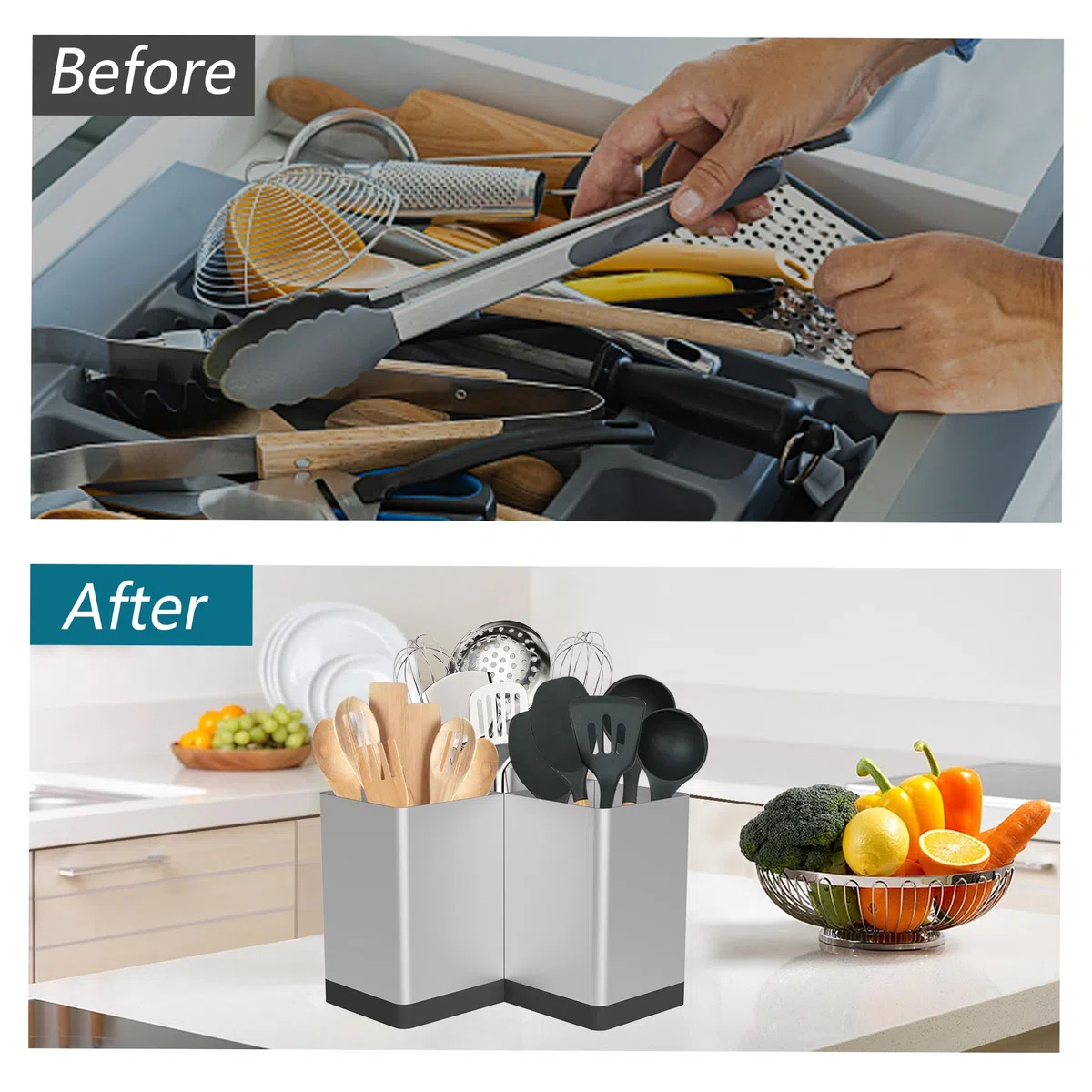 Suli Organizador de utensilios, carrito de cocina para encimera, esquinas, estilo rústico, almacenamiento rústico para cocina, 3 compartimentos, color plateado