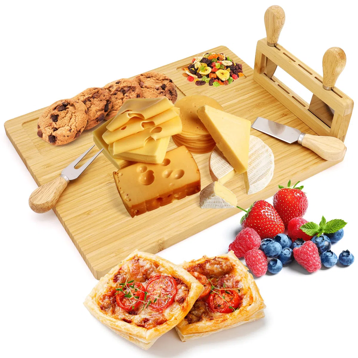 Juego de tabla de queso 100% bambú natural con juego de 4 cuchillos de queso y utensilios para servir para bodas, cumpleaños, aniversarios, Navidad