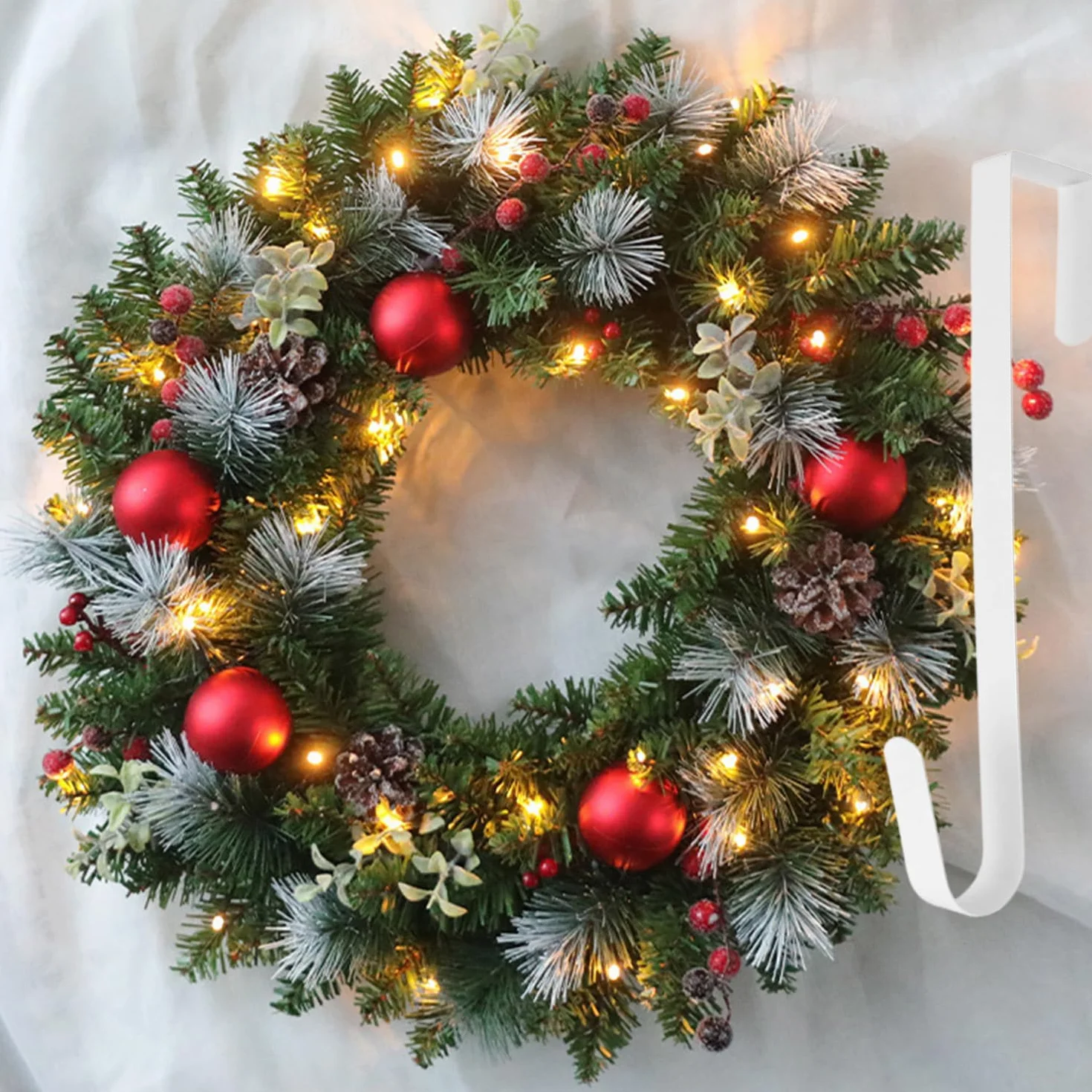 Guirnalda navideña de 40 cm, decoración para puerta de entrada, con luces LED y gancho, guirnaldas artificiales para ventana, chimenea, decoración navideña de pared, para interior y exterior,