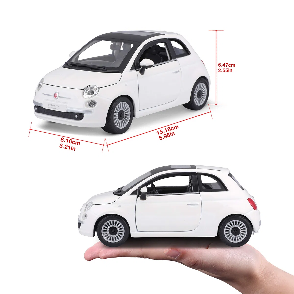 Bburago - Fiat 500 (2007) Blanco, Coche diecast a Escala 1:24, réplica Detallada con Puertas y capó abatibles, Licencia Oficial FIAT, Edad Recomendada 3+ años