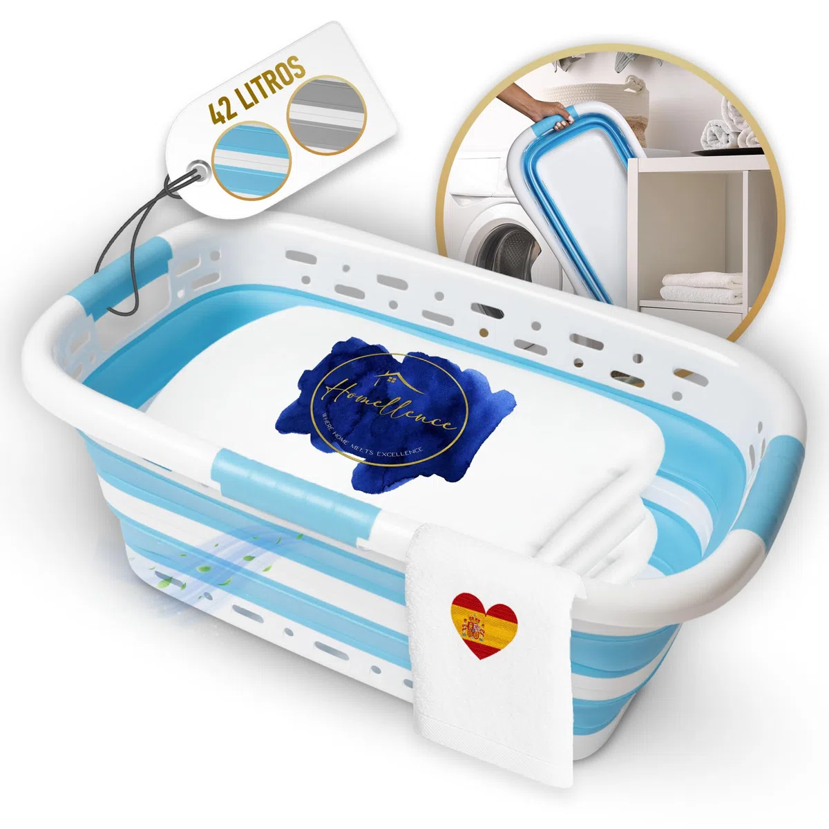 Homellence Cesta Plegable para Ropa Limpia y Sucia 42L - Cesta Ropa Plegable Colada Grande con 3 Asas - Cesto Flexible Colada sin BPA - Barreño Grande Camping - Ahorra Espacio - 65x40x27/8,5cm (Azul)