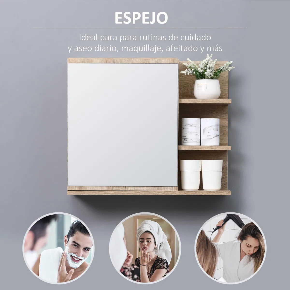 kleankin Armario de Baño con Espejo 3 Estantes Moderno 60x18x50 cm Natural | Armario con Espejo para Baño, Estantes Abiertos, 1 Estante Interior