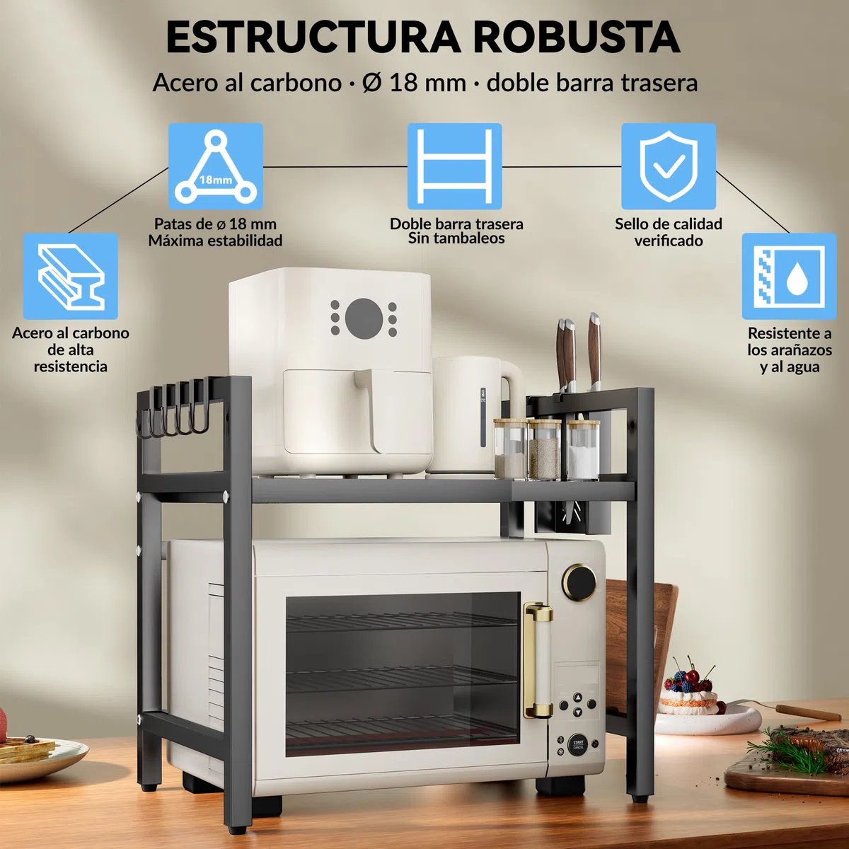 Soporte Extensible Microondas 2 Niveles - Mueble Estantería Cocina | Estante de encimera, organizador de almacenaje: 6 ganchos, portacuchillos y tabla de cortar. Acero al carbono, negro