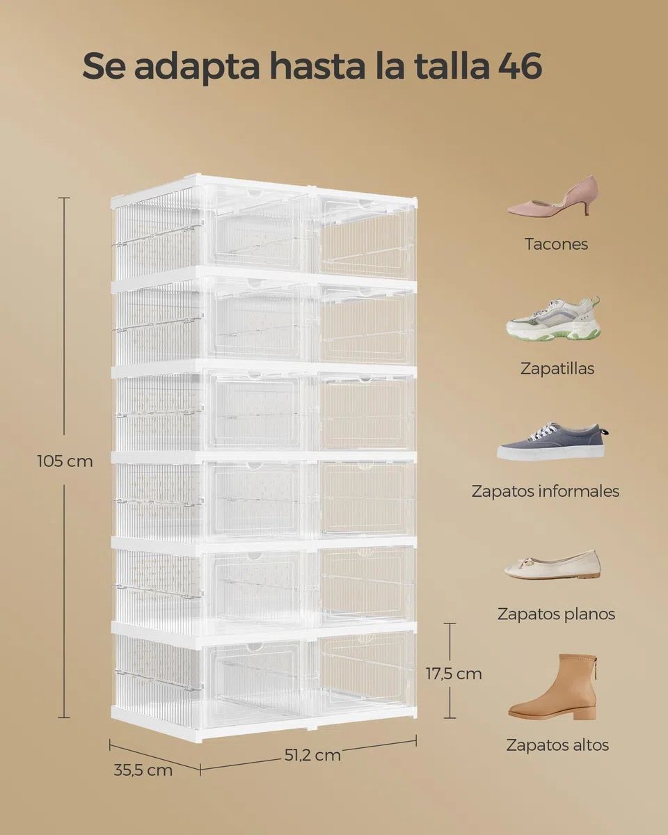 SONGMICS Cajas para Zapatos, Juego de 12 Organizadores Apilables para Zapatos, Juego de 2 Zapatero Plegable y Portátil, hasta talla 46, Montaje en 60s, Transparente y Blanco Nube LSP206W01