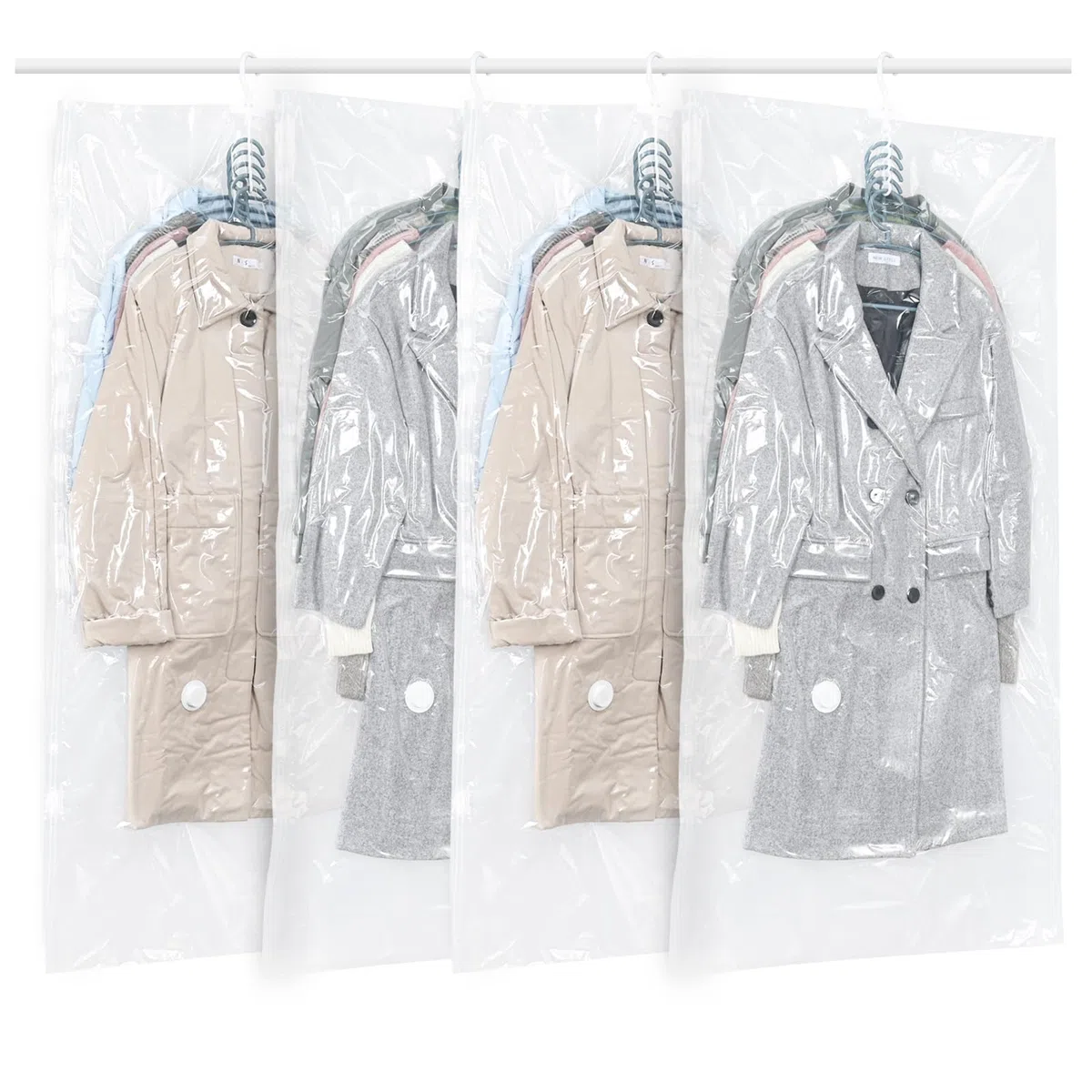 Bolsas colgantes de almacenamiento al vacío, 4 bolsas de vacío para ropa, trajes, vestidos, abrigos o chaquetas, organizador de armario transparente y reutilizable