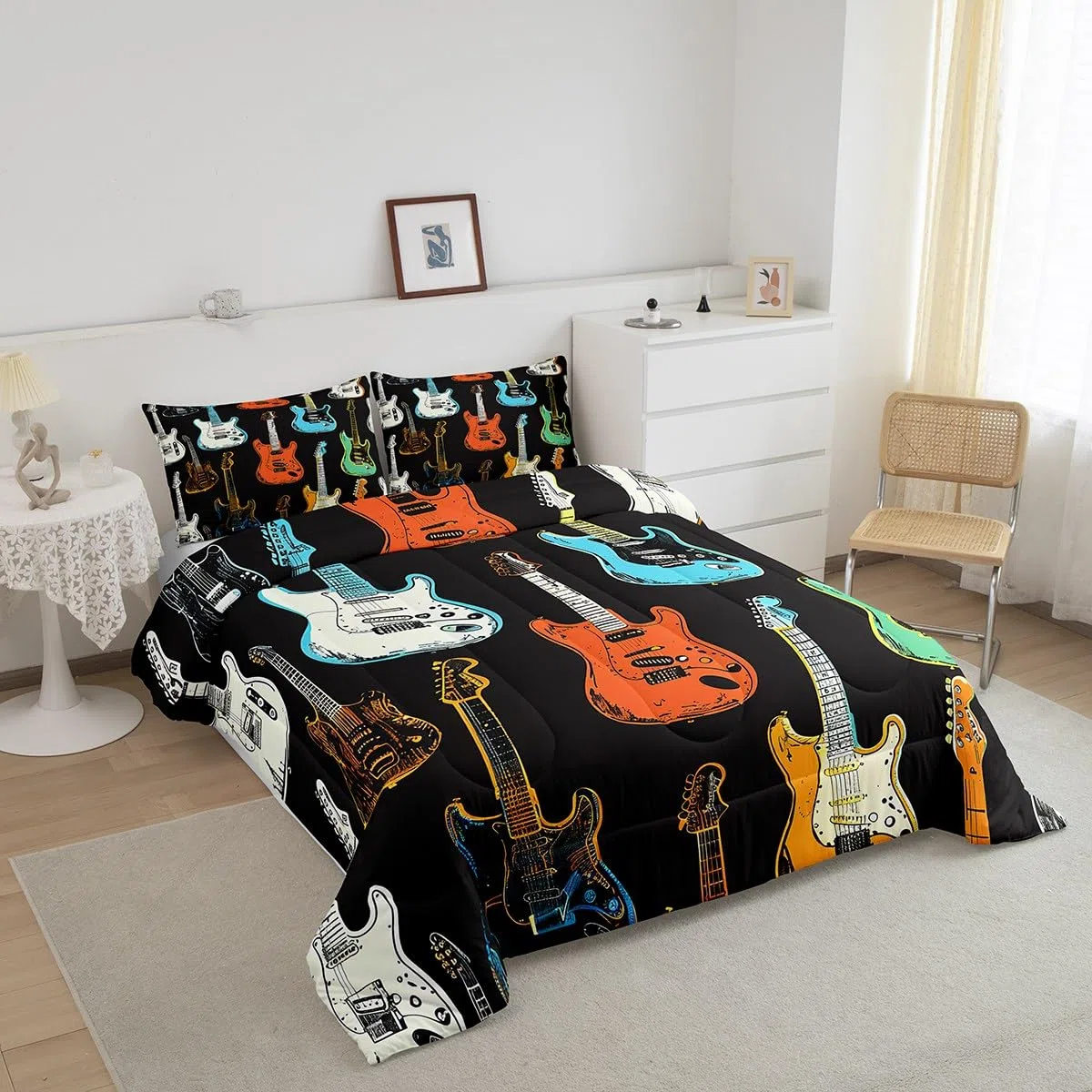 Castle Fairy Juego de ropa de cama de guitarra colorida, tamaño matrimonial, edredón de instrumentos musicales para niños, adolescentes, amantes de la música, bajo rock, edredón de plumón, estilo
