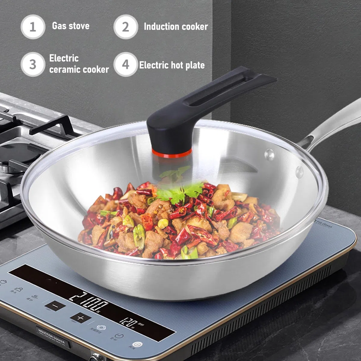 Cocoarm Wok de Acero Inoxidable, Acero Inoxidable 304 de Grado Alimentario con Núcleo de Aluminio para un Calentamiento Rápido y Uniforme, Compatible con Inducción, Apto para (34CM)