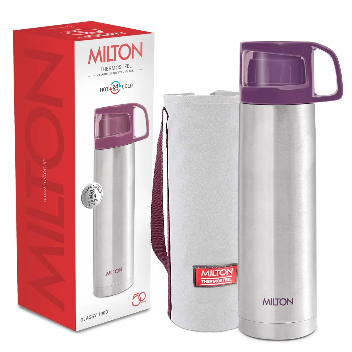 MILTON Botella de agua fría y caliente Glassy 1000 Termoacero 24 horas con tapa para taza | A prueba de fugas | Botella de oficina | Botella de gimnasio | Inicio | Cocina (Púrpura, 1000 ml | 34 oz) | Milton Flask - Botella de agua aislada de 1 litro con t