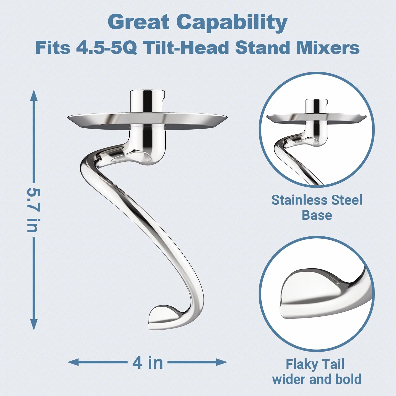 COFUN Gancho amasador de acero inoxidable para Kitchenaid, Batidor con cabezal basculante 4,5-5 pintas para gancho amasador para Kitchenaid, Apto para lavavajillas