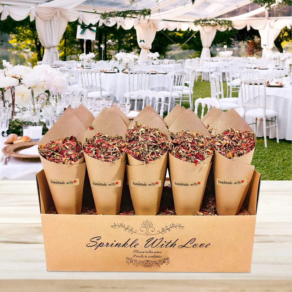 60 Piezas Cucuruchos de Papel Kraft para Bodas, Conos para el Arroz con 2 Caja Soporte para Decoración Fiesta Ceremonia y Contenedor de Pétalos y Confeti