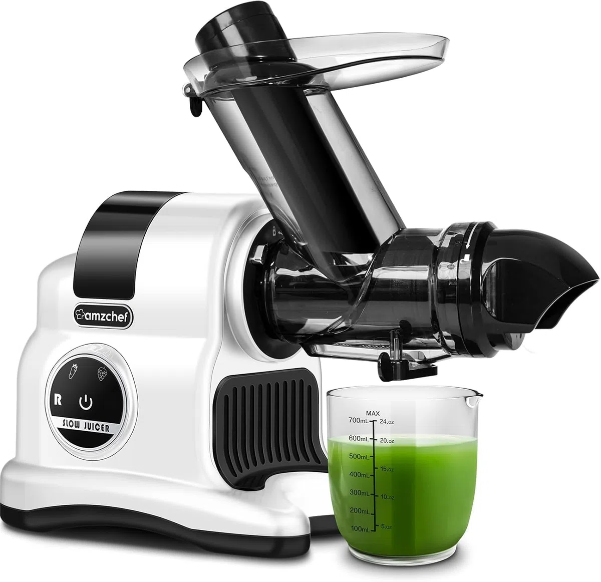 AMZCHEF 80MM extractor de zumos y verduras - Exprimidor lento con 2 velocidades y función de rebobinado - licuadora de 150 W para licuadora para verduras y frutas - Blanco