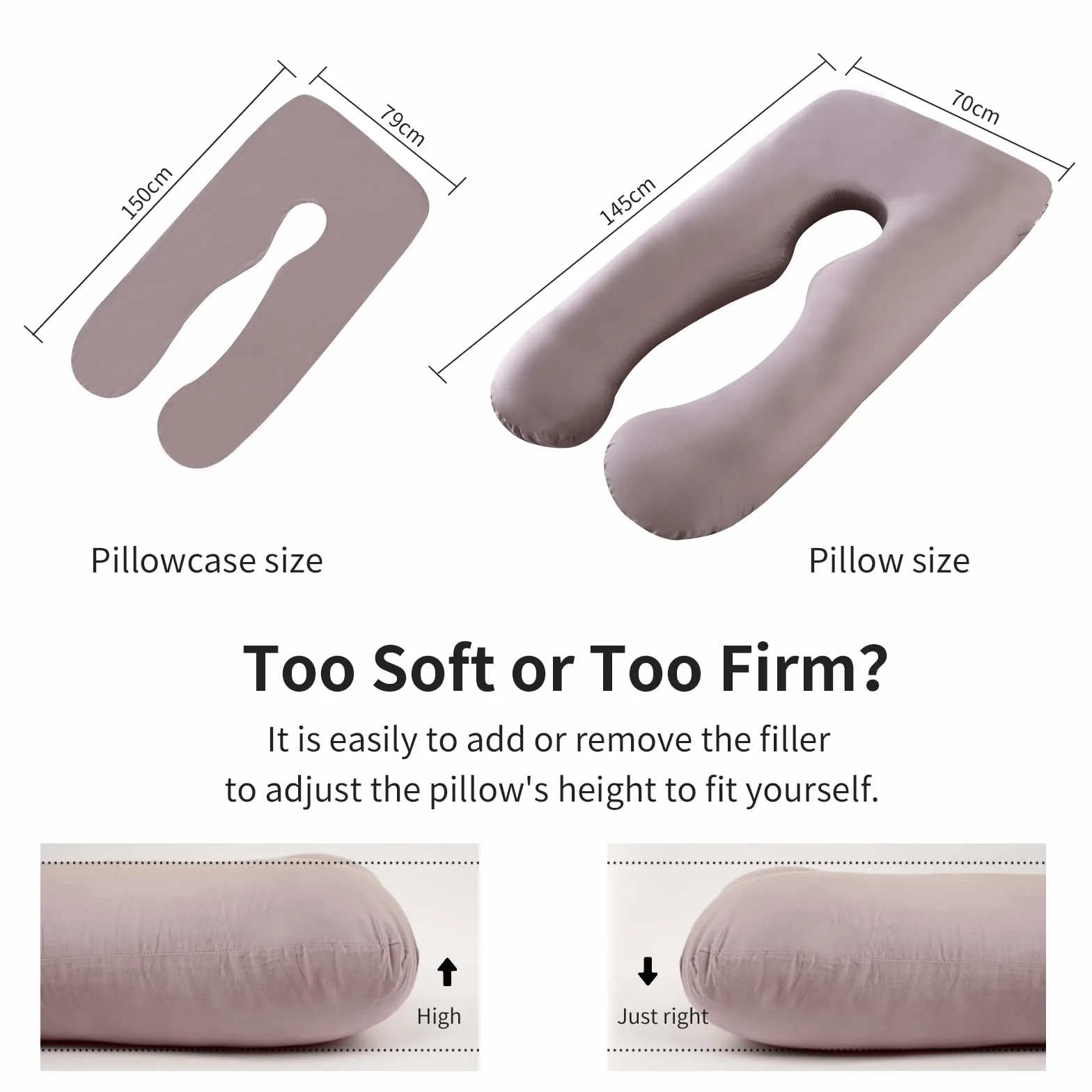 Almohada Embarazada,Almohada de Embarazo, Almohada Antidolores Cuerpo Entero en Forma de U,Cojin Lactancia con Cremallera Funda de 100% Algodón Extraíble y Lavable,145x70cm(Gris Claro)