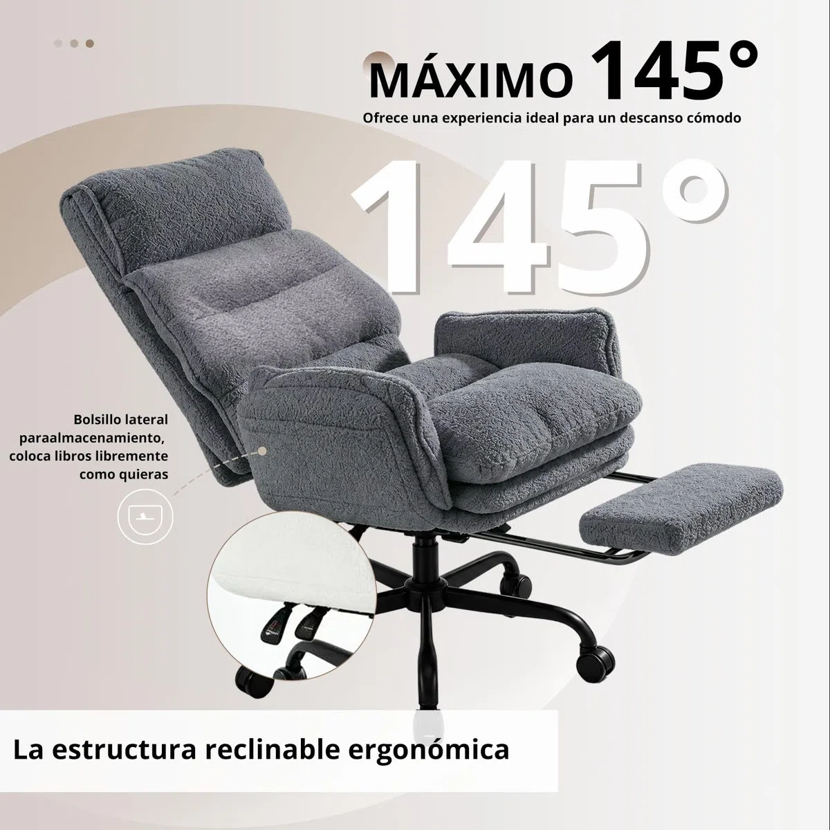 Silla Oficina con Respaldo Alto, Silla Escritorio para Trabajar Largas Horas, Tela de Peluche, Silla Oficina Ergonomica con Reposabrazos Abatibles, Ejecutiva Silla Gaming con Reposapies, Gris