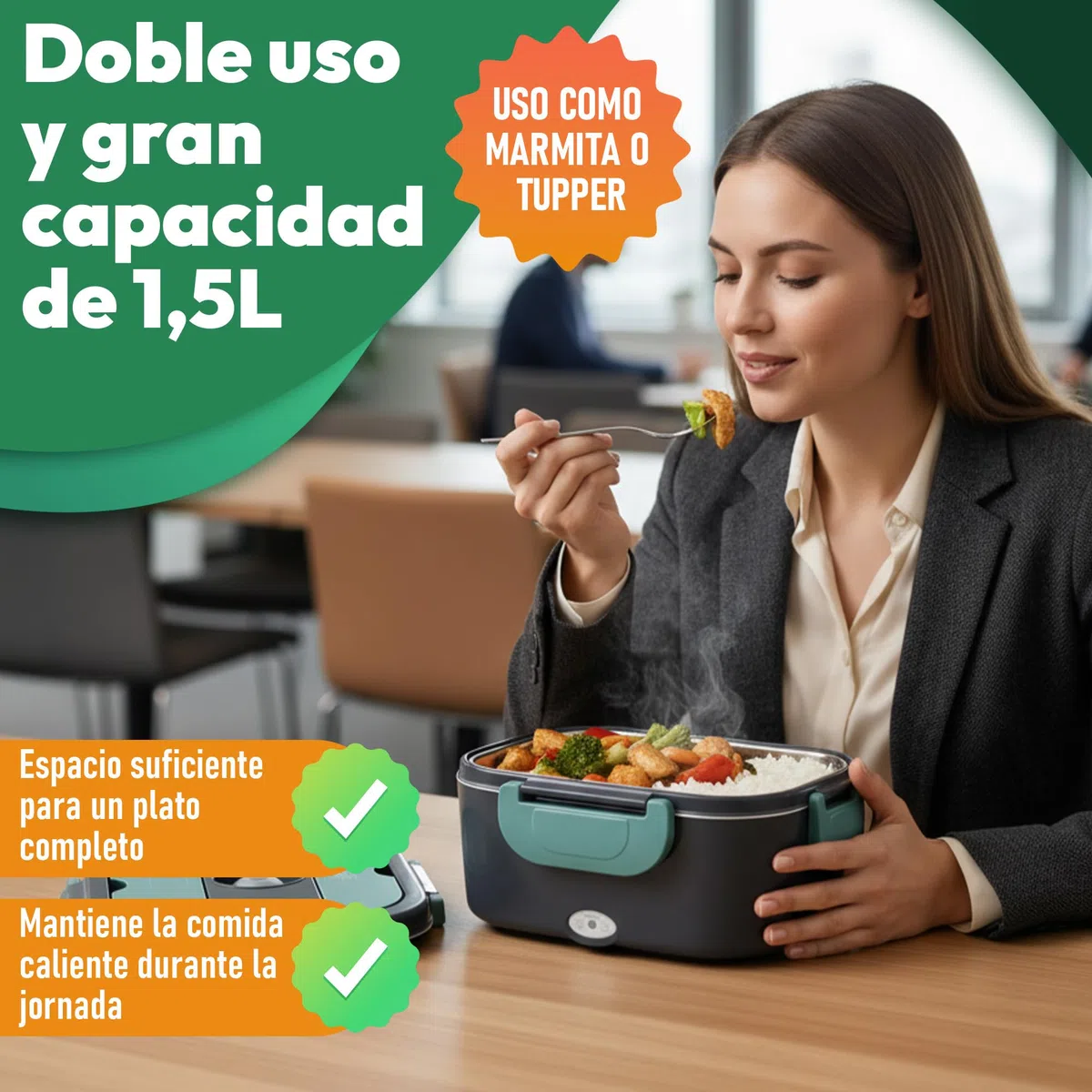 Tupper Calentador para Comida – Tartera Comida Trabajo, Loncheras de Trabajo - Marmita Eléctrica Portátil 1,5L con 2 Cables (Casa y Coche) – Lancheira Termica Facil de Limpiar