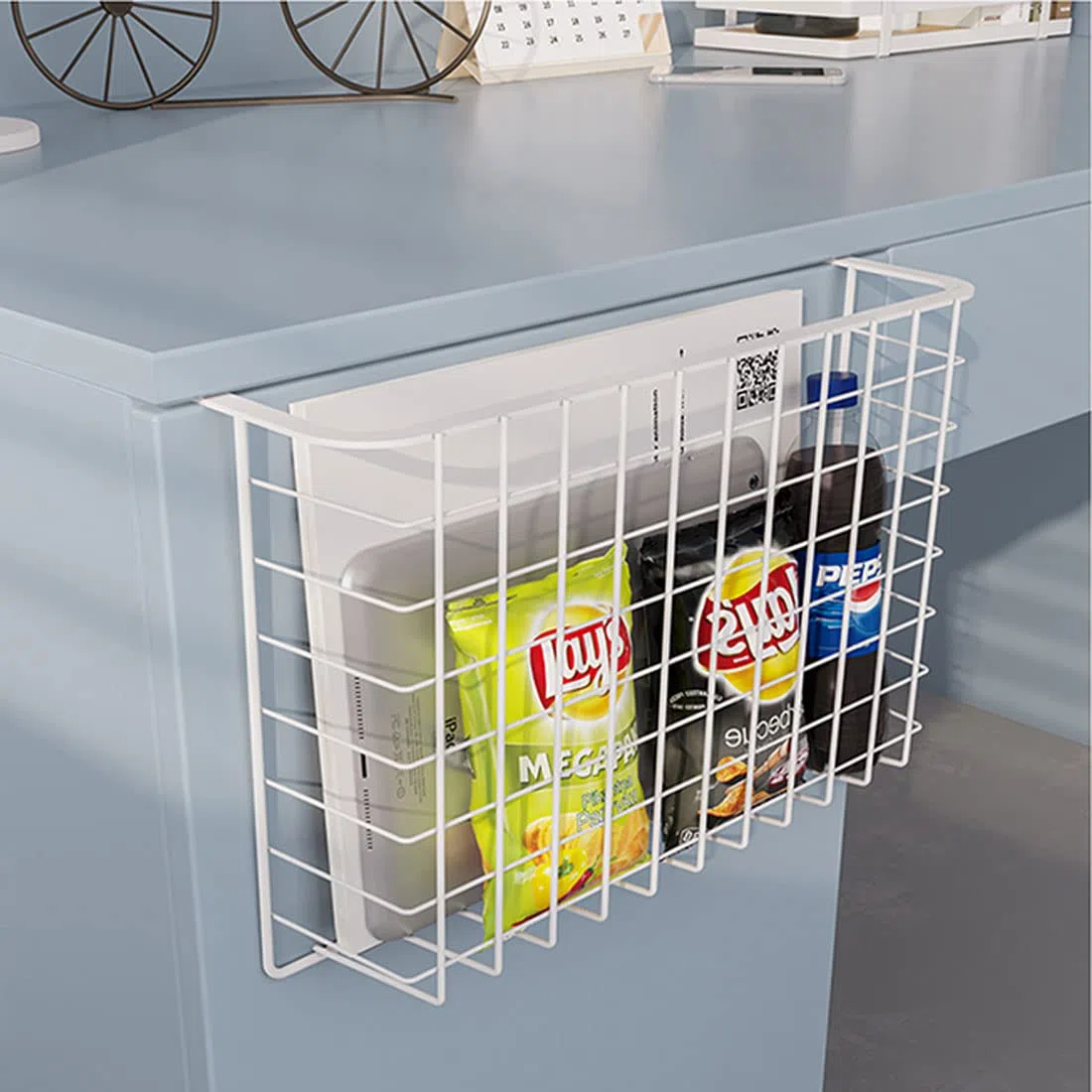 Cesta de almacenamiento para colgar debajo del estante, organizador de alambre de metal extraíble para cocina, armarios, estantes, gabinete, oficina (paquete de 2 unidades), color blanco
