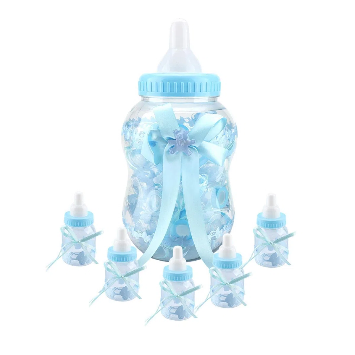 Botella de Caramelo, Adorable Botella de bebé con Lazo Decorativo, Mini Botellas rellenables de plástico Transparente, Pack de 30 Unidades, Ideal para Baby Showers y Fiestas de cumpleaños