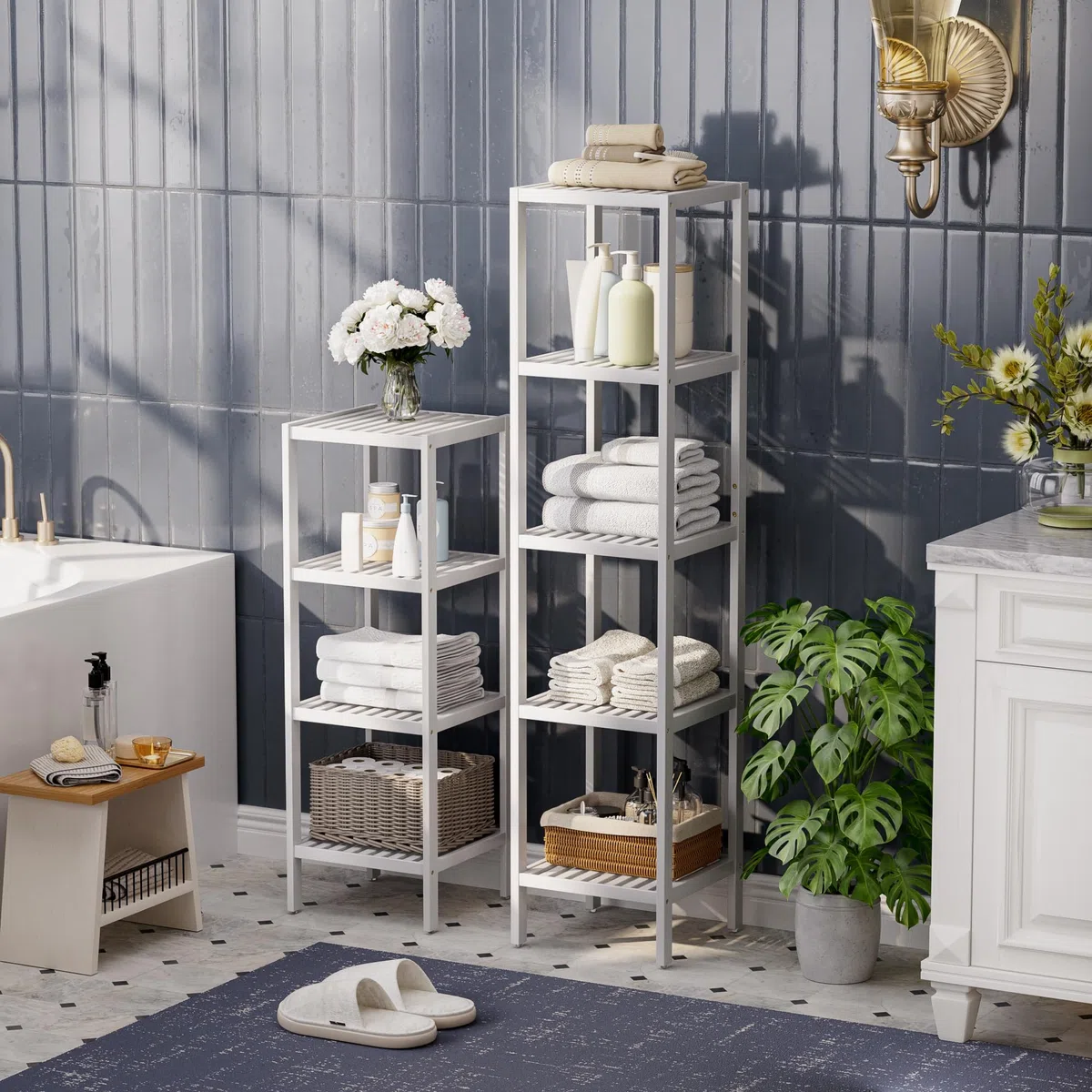 SMIBUY Estante de Almacenamiento para el baño, Organizador de estantes de bambú de 5 Niveles, Unidad de estantería Multifuncional para la Sala de Estar, el Dormitorio y la Cocina (Blanco)