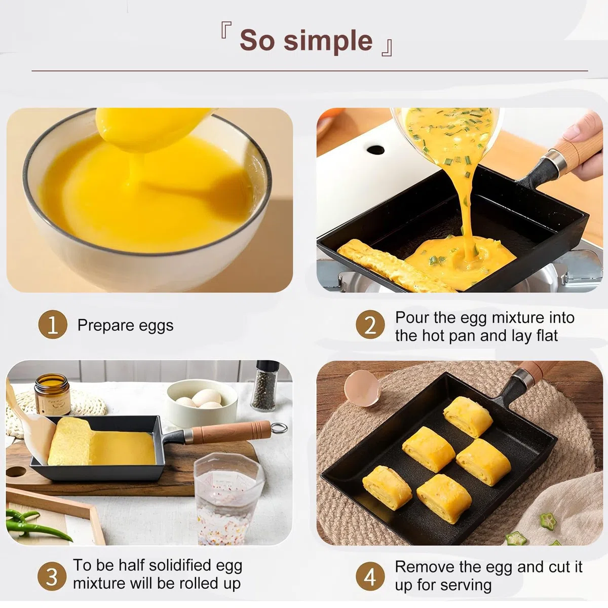 Tissting 15.5CM Sartén Plana para Desayuno, Sartén de Hierro Fundido con Mango de Madera, Sartén Rectangular para Tortilla Japonesa Tamagoyaki, Para Cocina de Inducción de Gas Universal