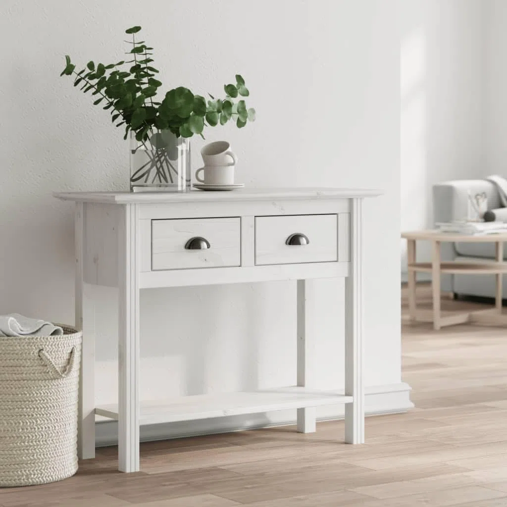 Consola clásica de madera de pino maciza con 2 cajones y estante, mesa de pasillo rústica de estilo francés con asas de metal para sala de estar y pasillo