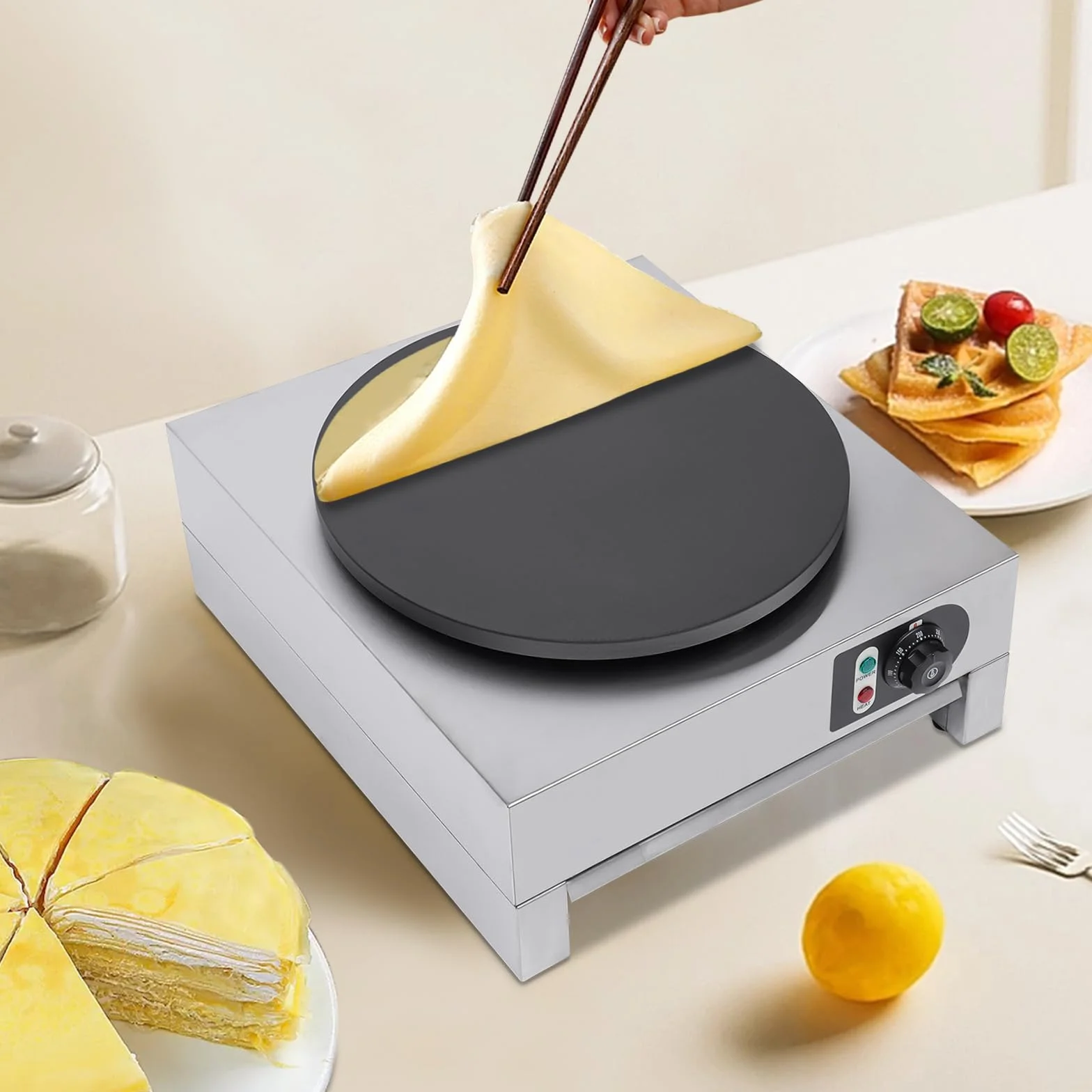 Crepera Electrica 3000W Máquina Comercial Para Hacer Crepes 50-300℃ Temperatura Ajustable Máquina de Crepé 40cm Bandeja con Indicadores Pies Antideslizantes Espátula de Madera