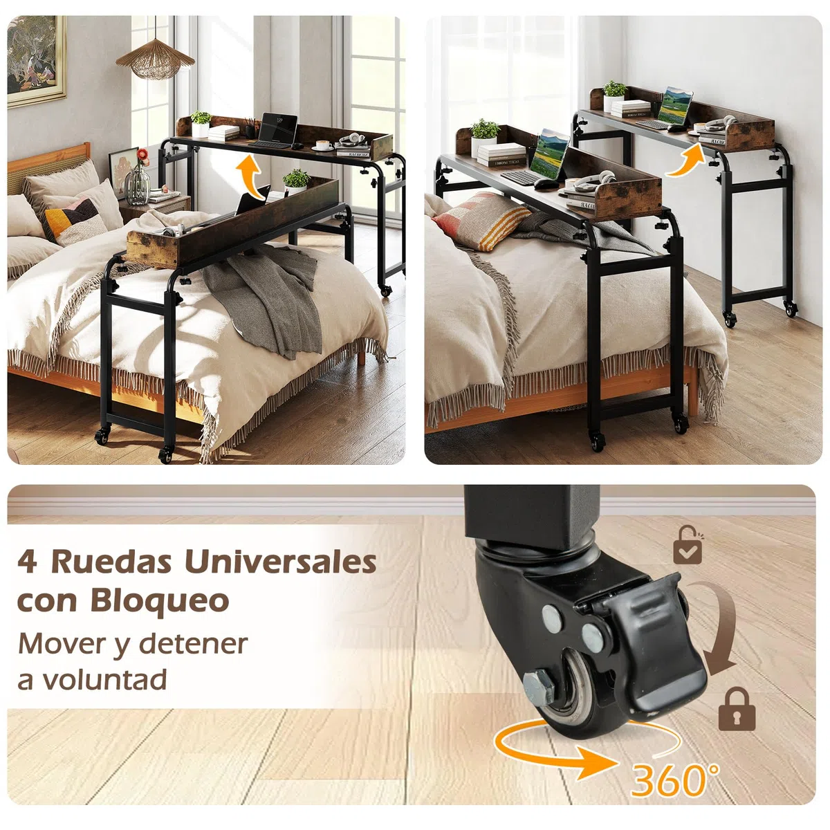 GYMAX Mesa de Cama Rodante Ajustable, Escritorio Móvil Versátil de 117 X 35 CM, Altura y Anchura Modificables, Compatible con Varias Camas, Diseño Industrial Moderno, para Hogar, Oficina, Hospital