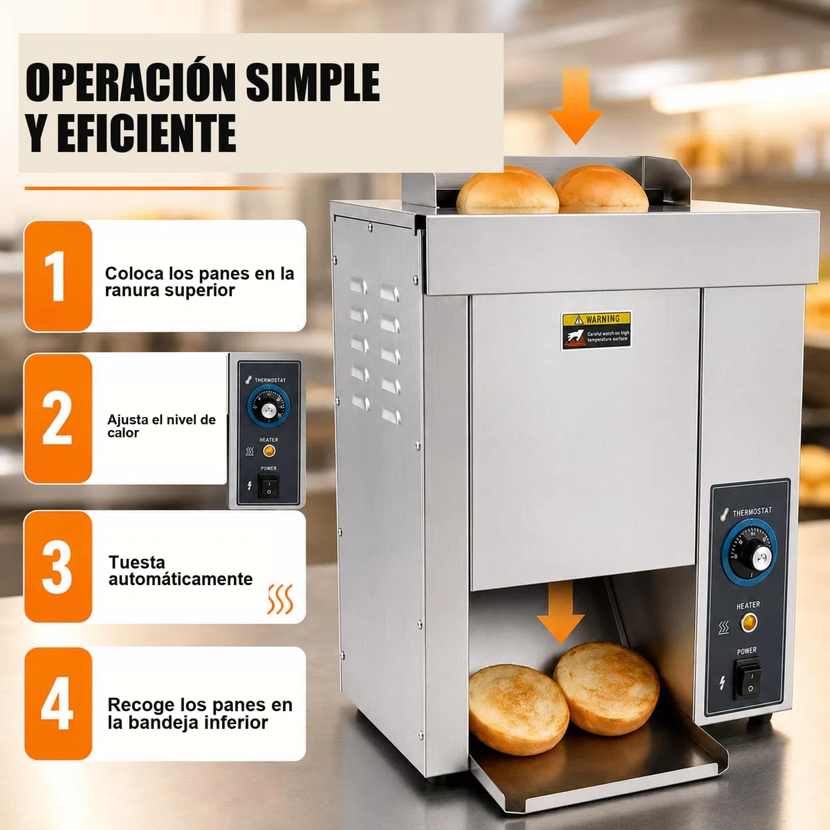 Tostador industrial vertical para pan de hamburguesa, 1400/h, 2000 W | Hasta 1.400 panes/h; 2.000 W; temperatura regulable; acero inoxidable; para hamburgueserías, restaurantes y food trucks.