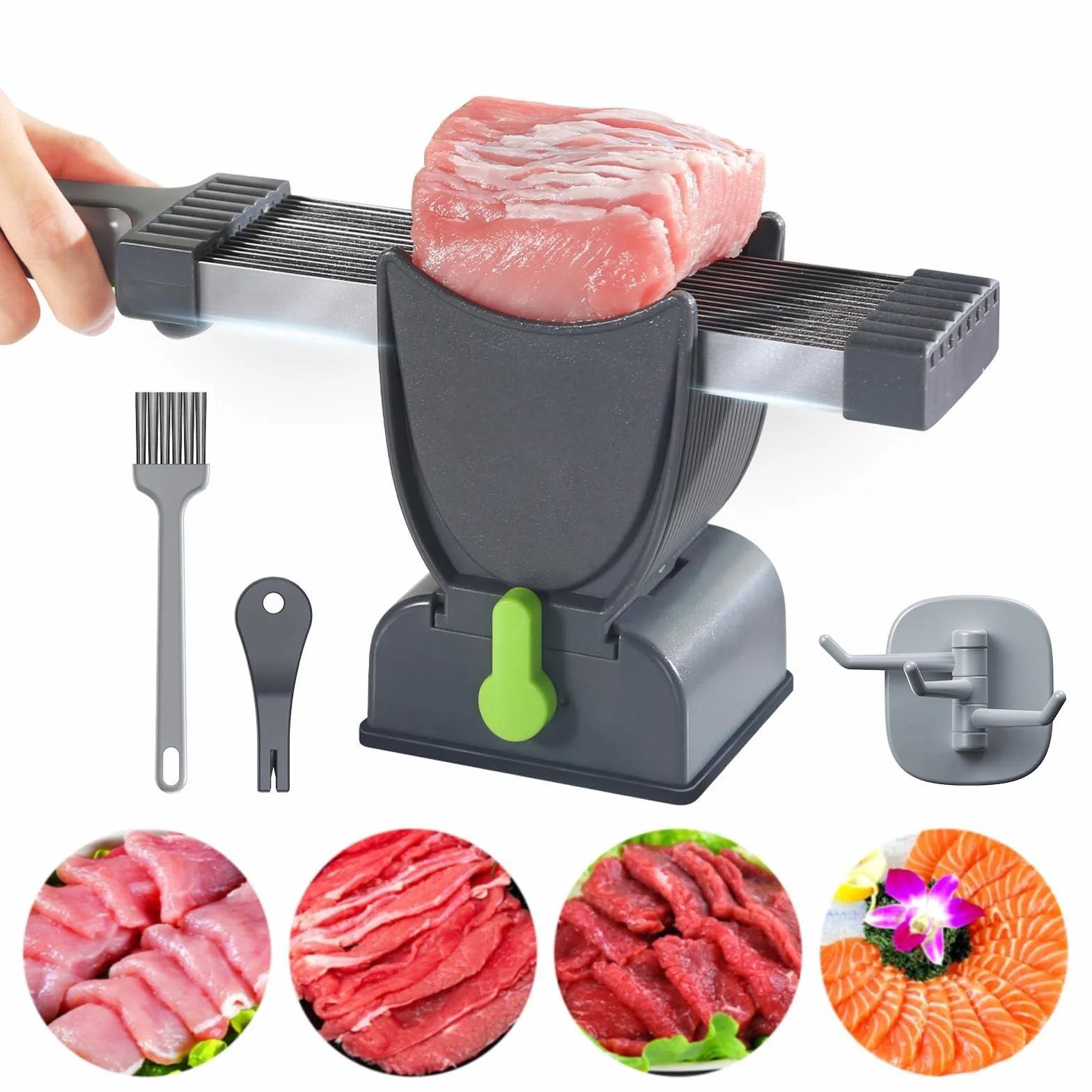 Cortadora multifuncional de carne cruda para carne fresca, grosor ajustable de 2 o 4 mm, cortadora manual con cepillo, gancho, afilador