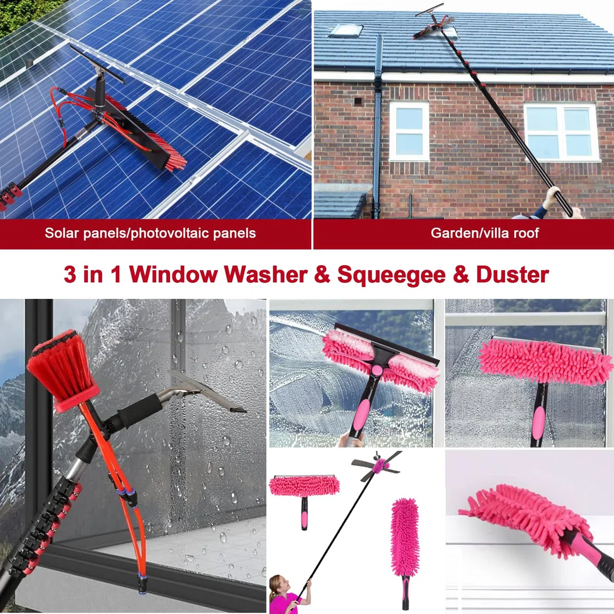 Genérico Kit de Cepillo para Ventanas con Panel Solar de Largo Alcance, pértiga telescópica con alimentación de Agua de 3,6-10,8 m, escobilla de Goma y 2 dispensadores de jabón y Polvo para