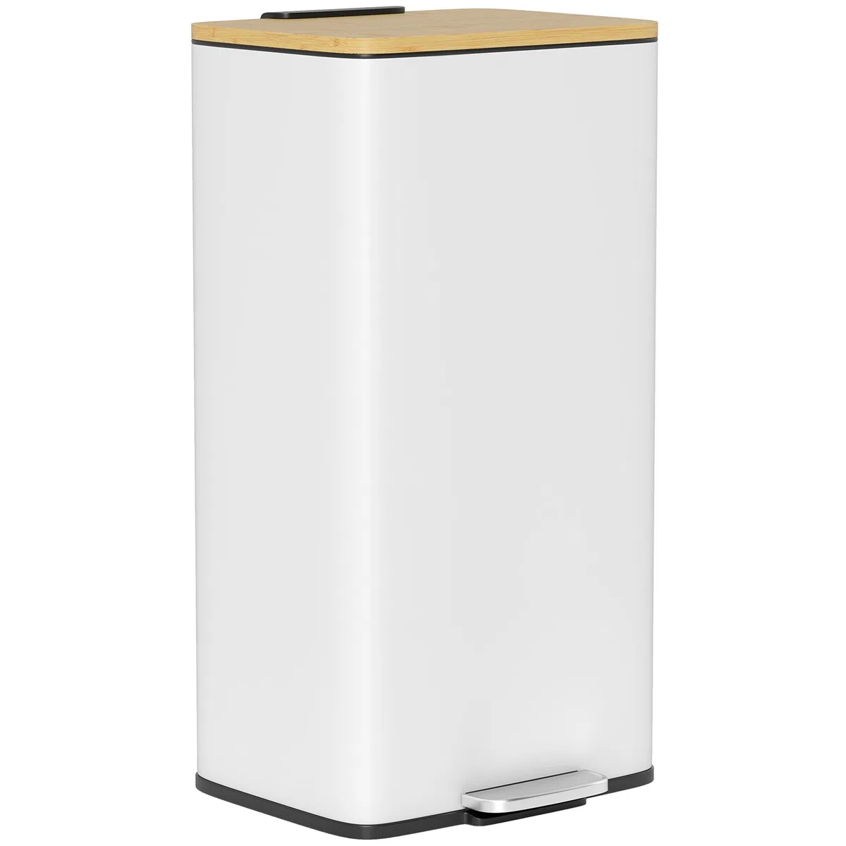 HOMCOM Cubo de Basura Cocina con Pedal, 20L, Tapa de Bambú de Cierre Suave, Papelera de Cocina con Cubo Interior Extraíble, Anti-Huellas, para Dormitorio, Salón, 29,5x29,5x56,8 cm, Blanco y Natural