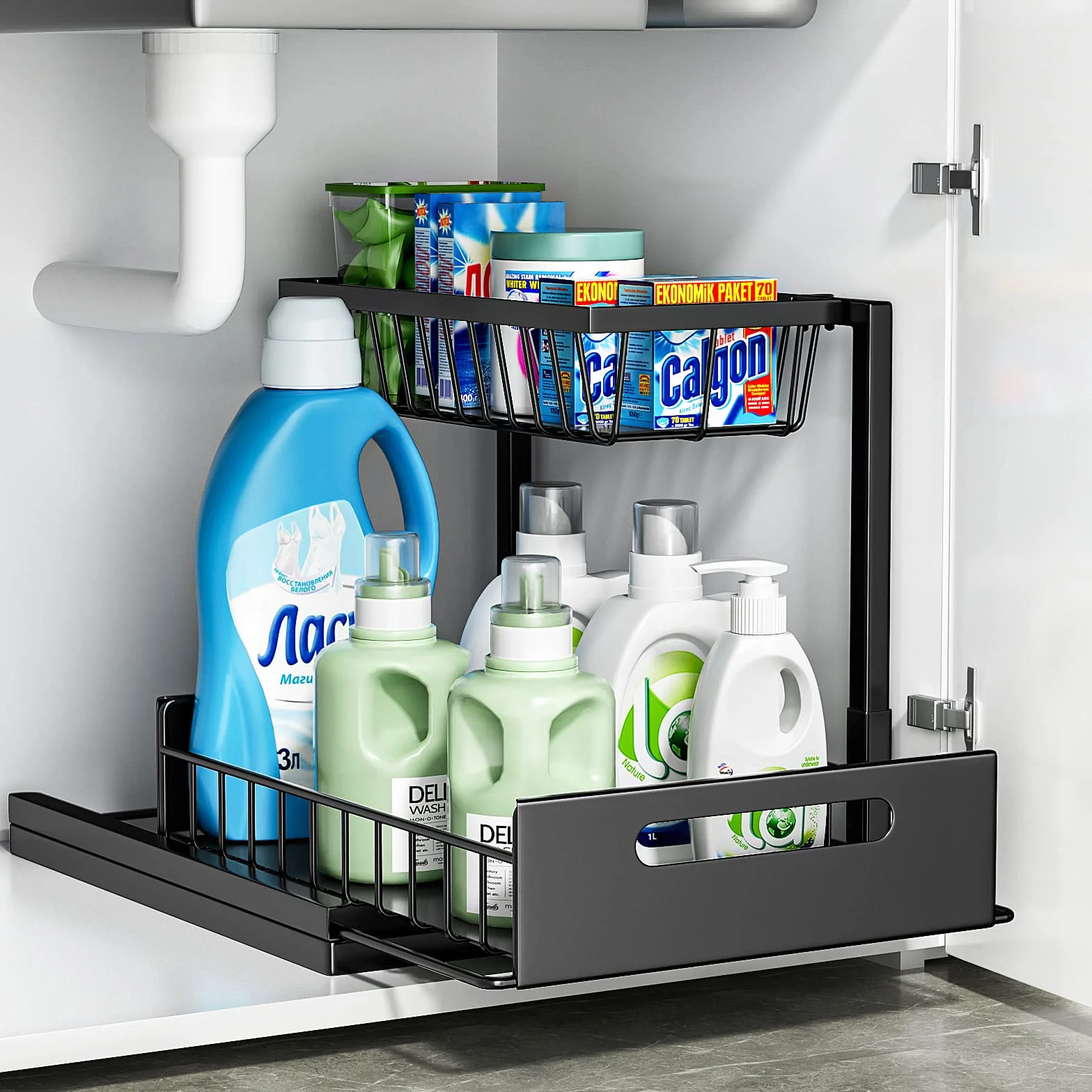 Cocolemon Organizador Bajo Fregadero Cocina, Metal 2 Niveles Organizador Extraíble Estante Almacenamiento Debajo Fregadero Forma de L, Negro