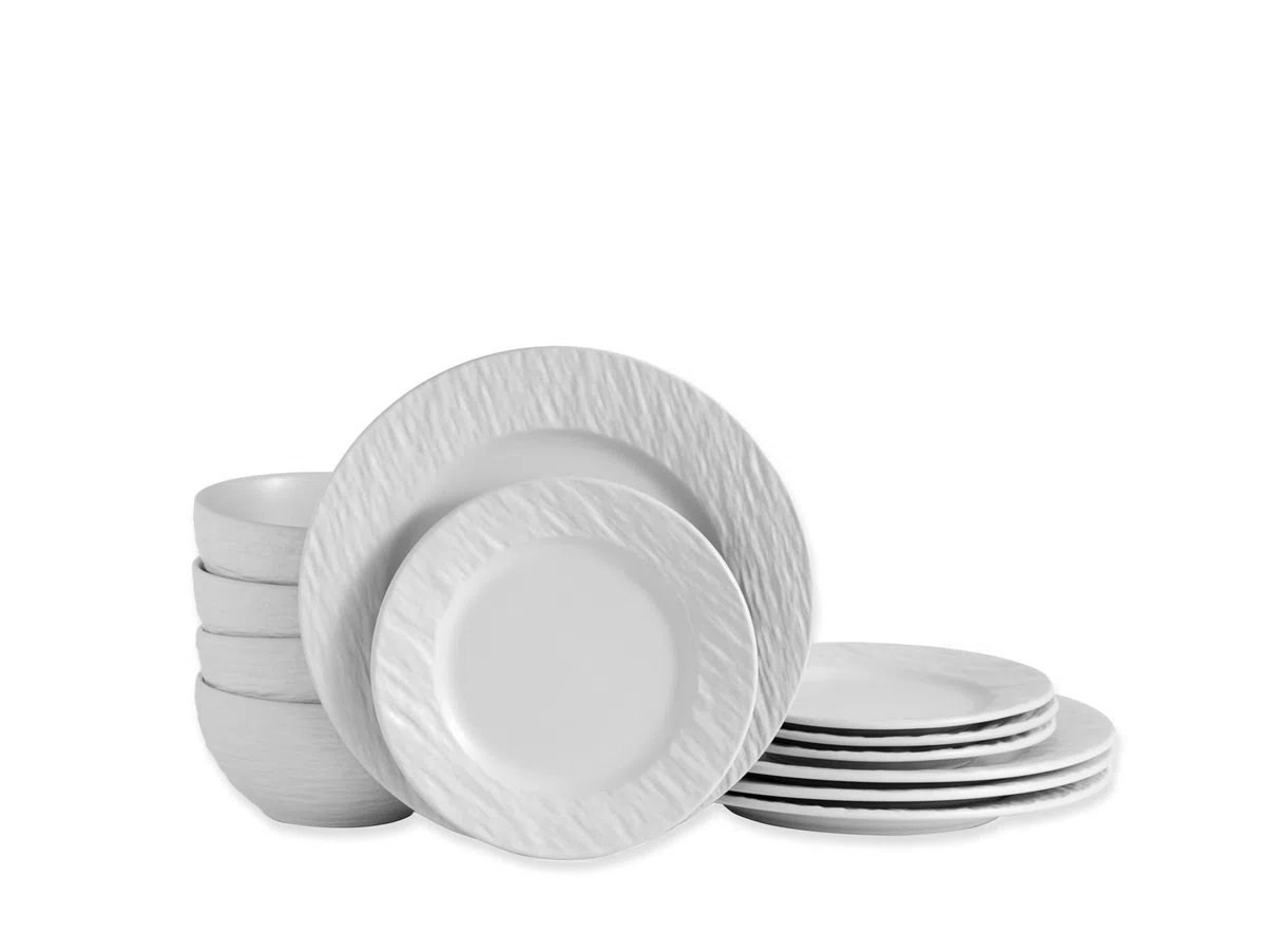 ECHTWERK vajilla de 12 piezas "New Modern", para 4 personas, estilo pizarra, de gres, 4 platos llanos, 4 platos de acompañamiento, 4 cuencos, blanco