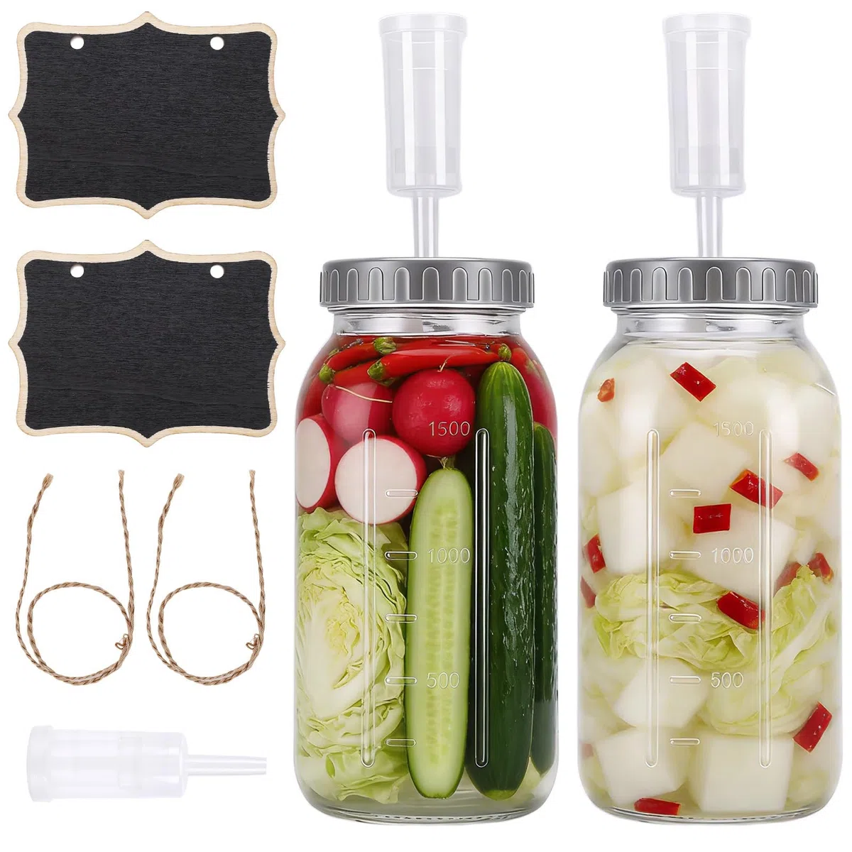 Tarro de Fermentación de 2 uds., Tarro de Fermentación de Vidrio de 2L de Capacidad con Esclusa de Aire para Encurtidos, Chucrut y Kimchi