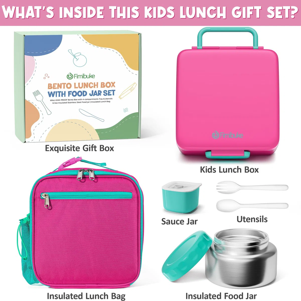 Fimibuke Bento Box para niños y adultos con tarro térmico de 8 onzas y bolsas de almuerzo aisladas, a prueba de fugas, apta para lavavajillas, contenedor de alimentos con 3 o 4 compartimentos para