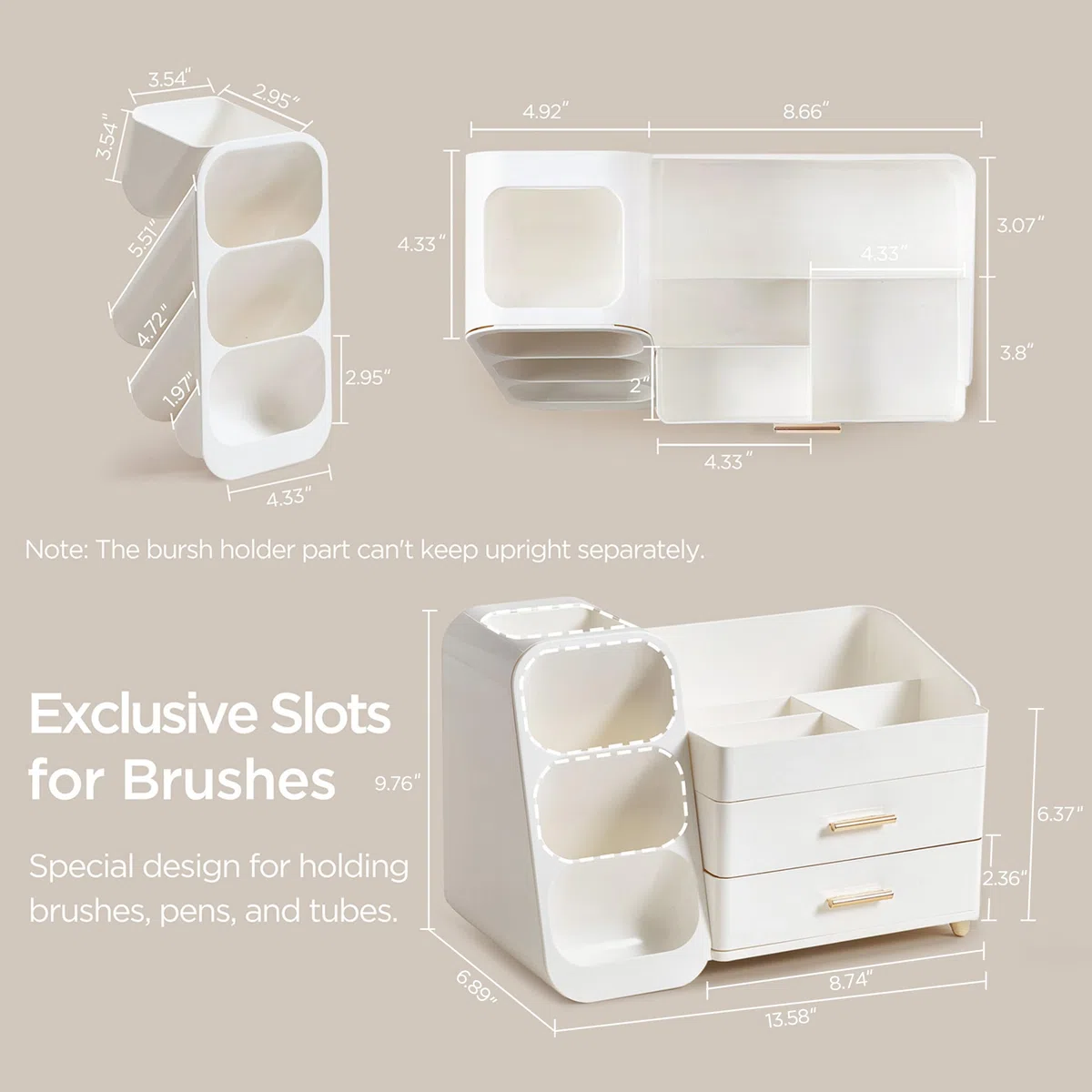 hblife Organizador de maquillaje, organizador de maquillaje con cajones, porta pinceles Make Up, caja cosmética de plástico 3 en 1, caja de almacenamiento de maquillaje blanca