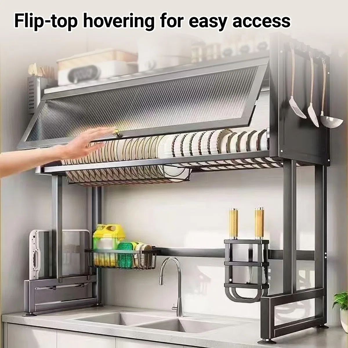 OverSink - Escurridor de platos con cubierta, 29.5 pulgadas, multifuncional, de acero al carbono, para platos, vasos y cuencos, color negro