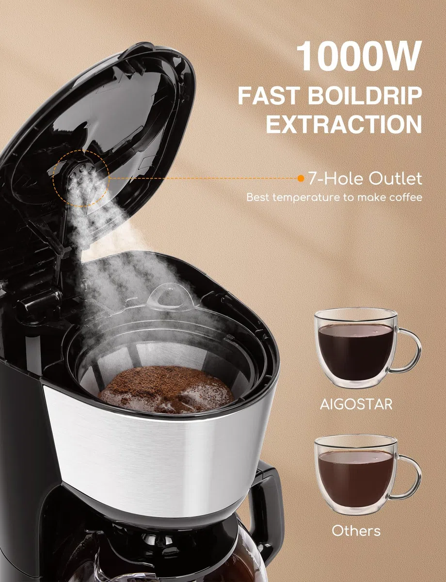 Aigostar Chocolate - Cafetera de Goteo de 1000W, Capacidad 1,25L (10-12 Tazas), Función Mantener Caliente y Sistema Antigoteo, Filtro Permanente Reutilizable y Lavable, Libre de BPA, Negro