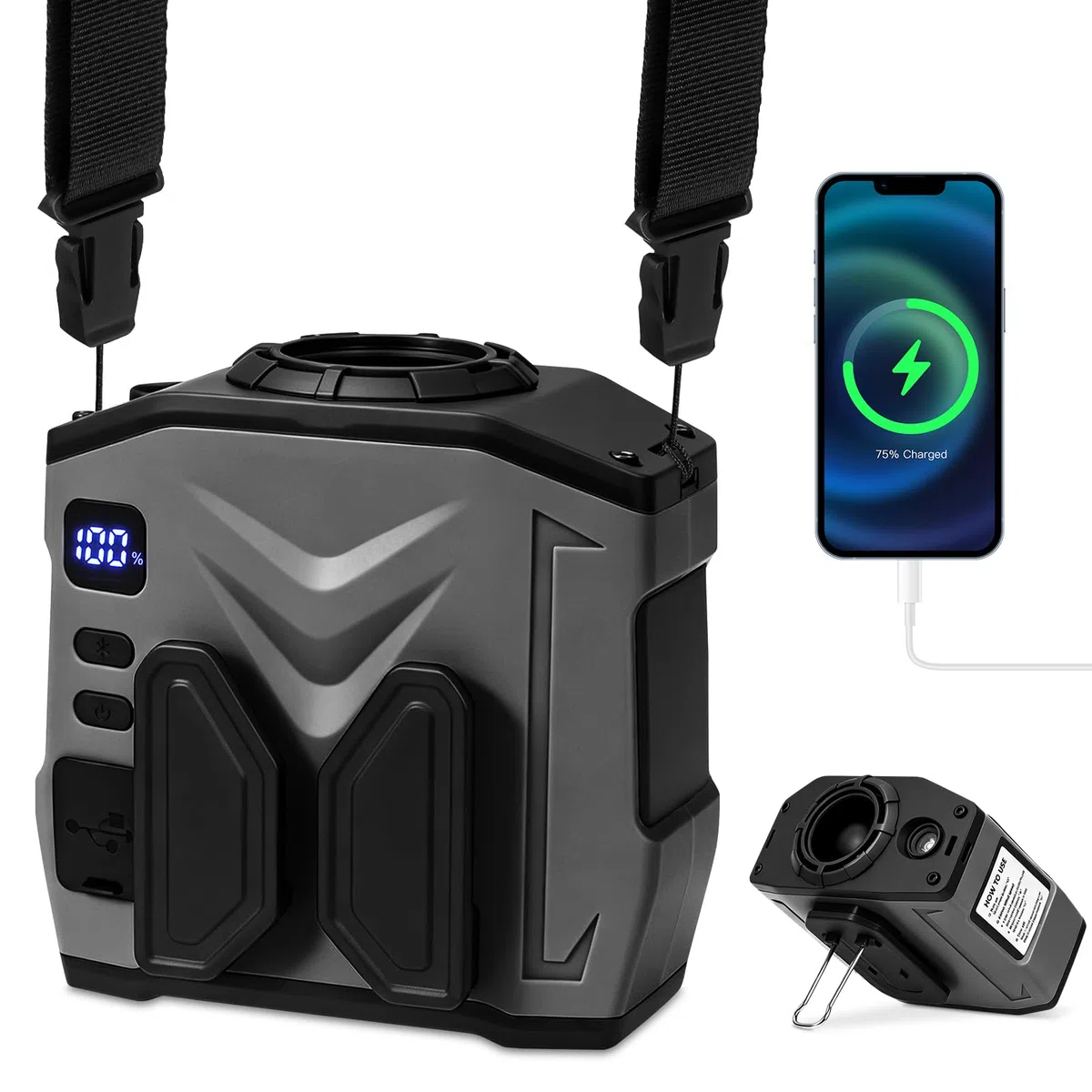 Ventilador de Cintura Portátil, 10000 mAh Recargable, 5 Velocidades, Ventilador Portátil con Clip de Cintura con Iluminación LED, hasta 30 Horas de Autonomía, para Trabajo, Senderismo y Exteriores