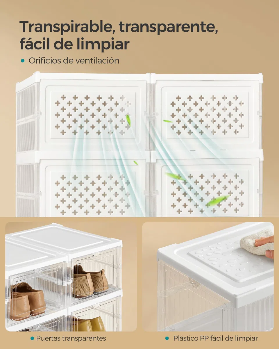 SONGMICS Cajas para Zapatos, Juego de 12 Organizadores Apilables para Zapatos, Juego de 2 Zapatero Plegable y Portátil, hasta talla 46, Montaje en 60s, Transparente y Blanco Nube LSP206W01