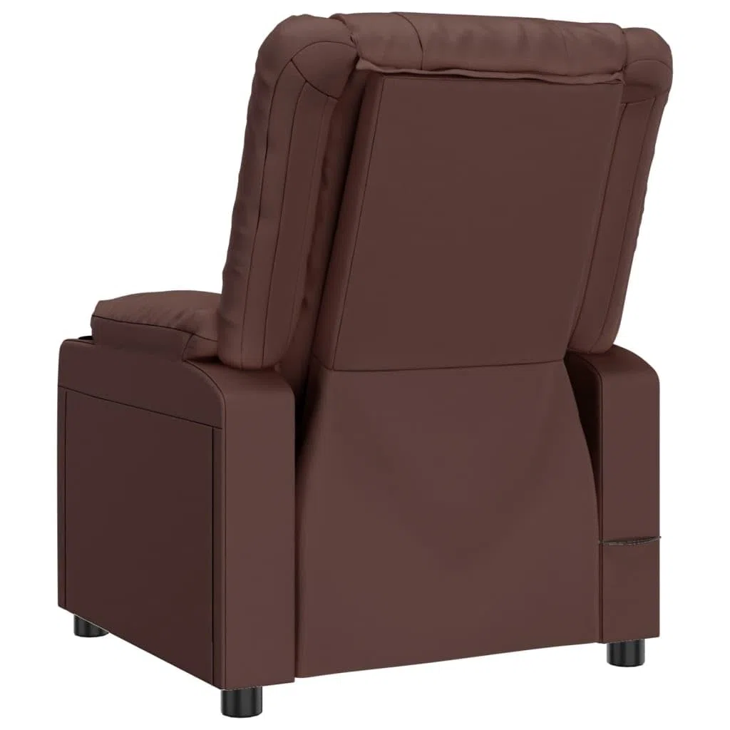 Sillón de relax manual marrón de piel sintética con 3 posiciones, respaldo y reposapiés ajustables manualmente, asiento acolchado grueso con reposabrazos anchos, marco de madera y metal