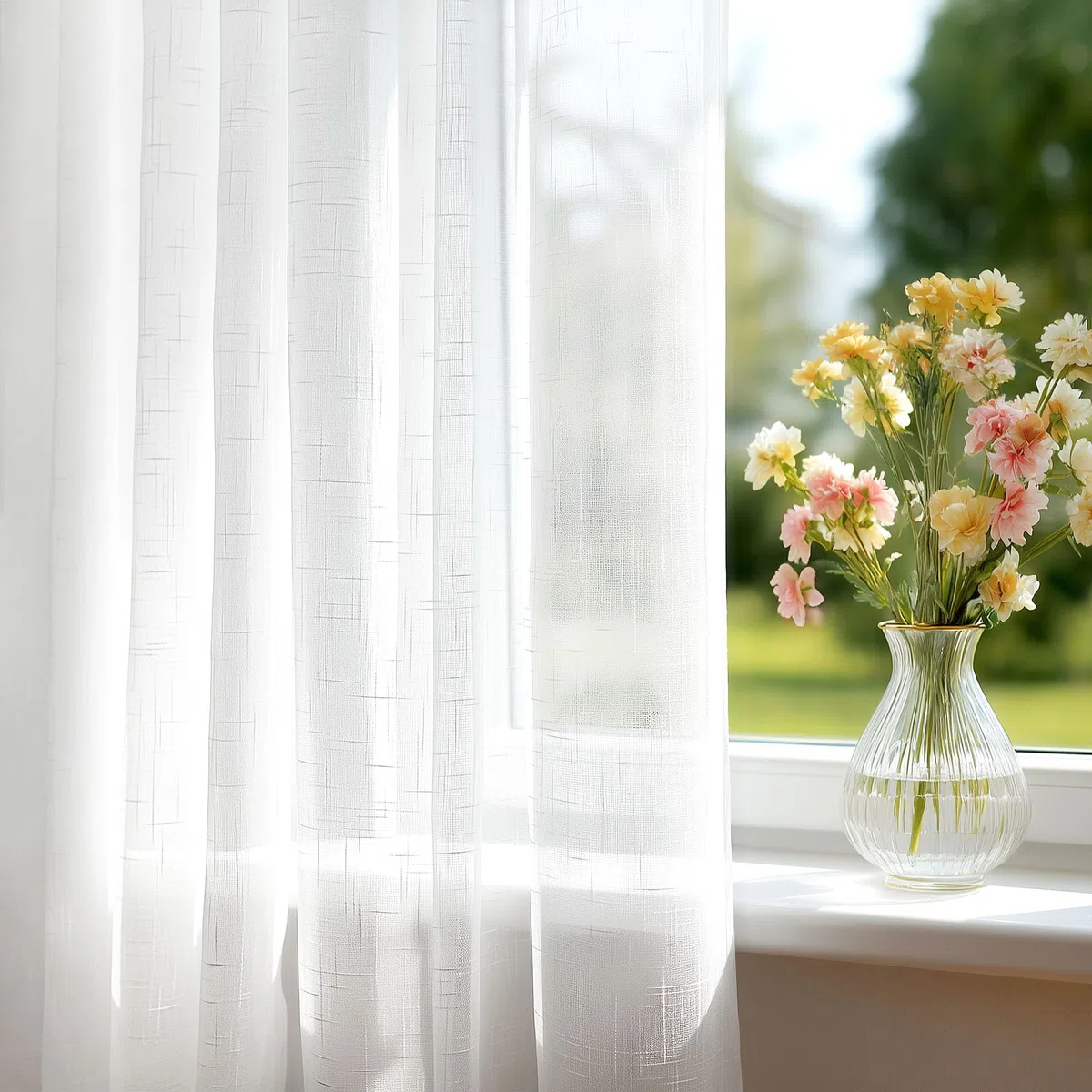 Deconovo Cortinas Translúcidas Blanco para Salón y Dormitorio, Cortinas Modernas 140x220 cm 2 Piezas con Cinta Fruncida, Visillos Efecto Lino, Luz Suave y Acabado Elegante