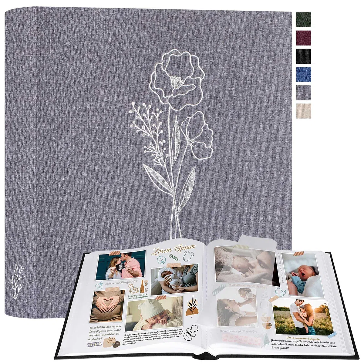 Lanpn Álbum Fotos Scrapbook Personalizable, Grande Lino DIY Album Foto Scrapbooking 100 Páginas Blancas con separadores de celofán, Para fotos de 9x13cm 10x15cm 13x18cm (Gris, 30x33,5cm)