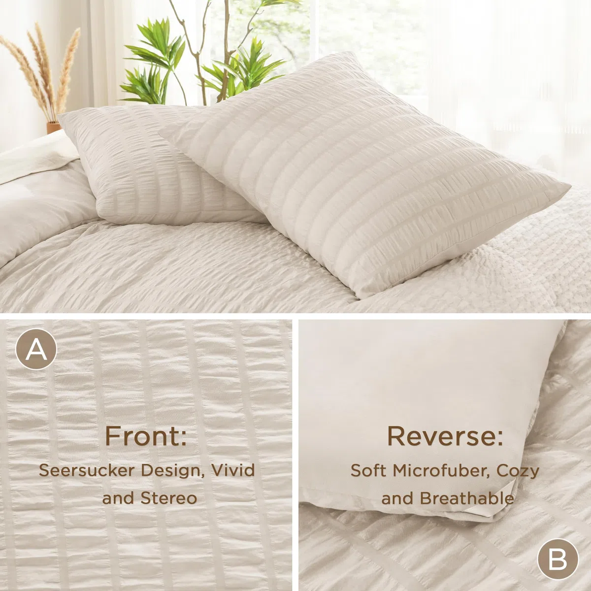 AveLom Juego de edredón Beige Seersucker Queen (90 x 90 Pulgadas), 3 Piezas, 100% Microfibra Lavada Suave y Ligera con 2 Fundas de Almohada, Juego de edredón Alternativo para Todas Las Estaciones