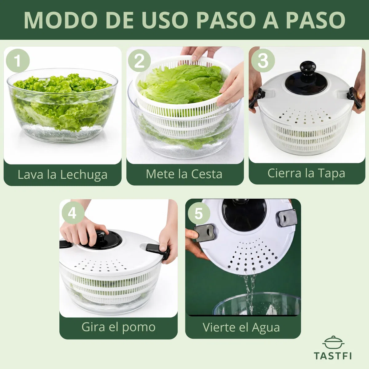 Centrifugadora de Lechuga 5L,Escurridor de Ensalada con Base Antideslizante, Secador de Lechuga BPA Free con Colador y Bol, Incluye Tapa con Cortador de Verduras y 6 Cuchillas Intercambiables