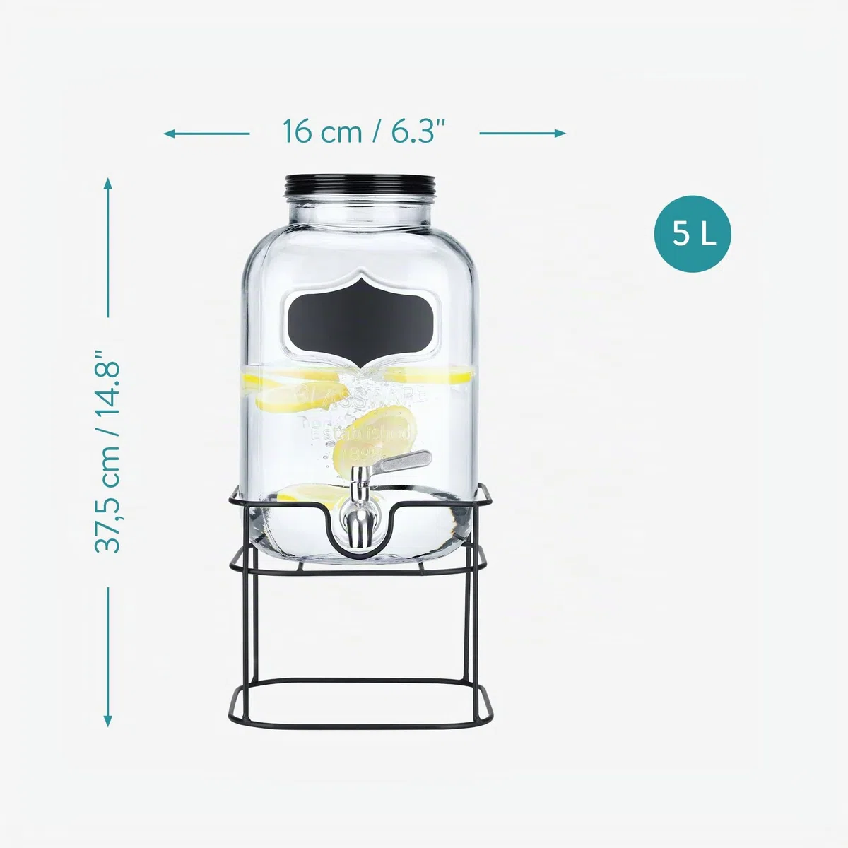 Navaris Dispensador de Bebidas con Grifo - Recipiente de Vidrio de 5 L - Botella de Cristal con Base metálica - Garrafa de Cristal con dosificador