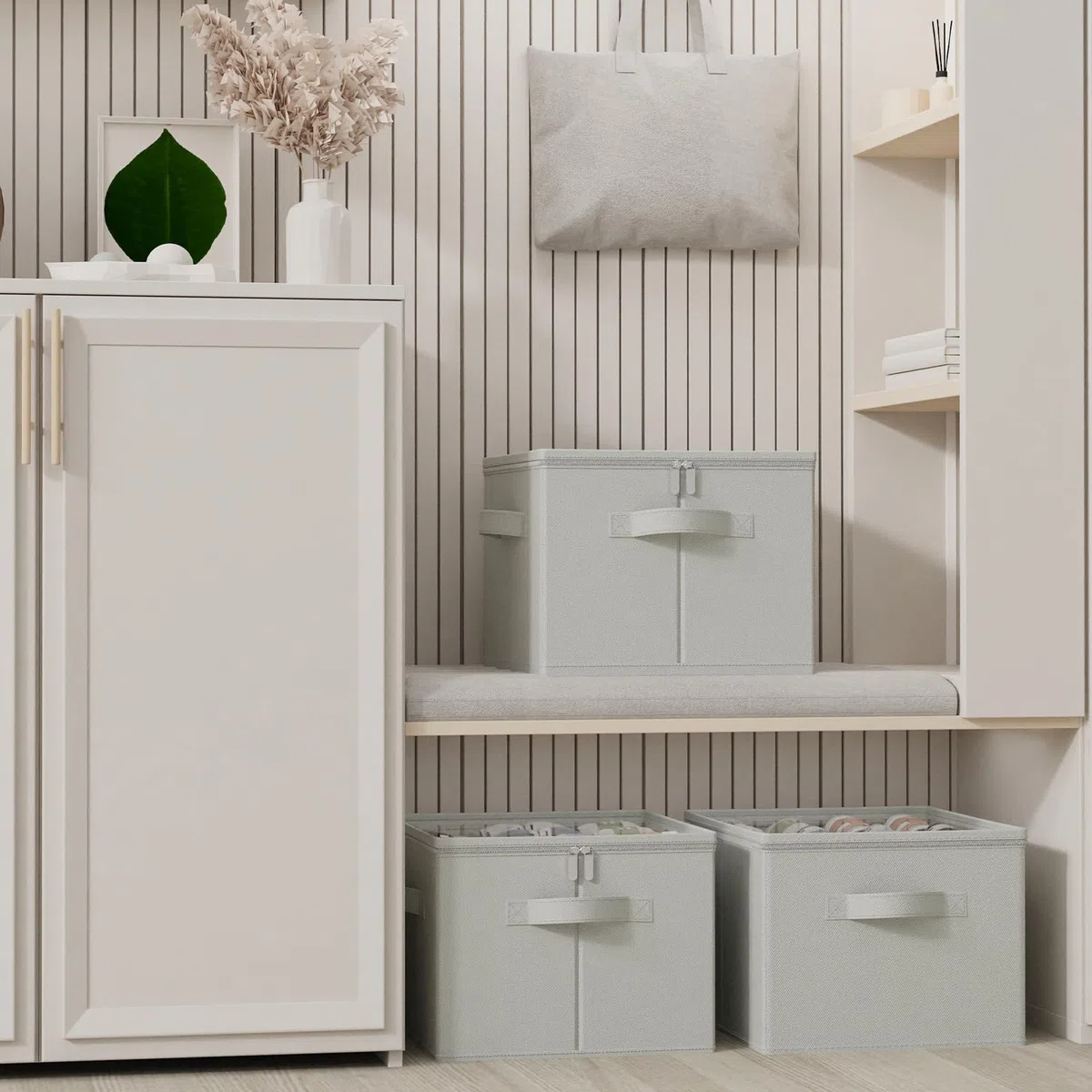 Cajas Organizadoras, Cabe 12 Pares, Guarda Zapatero con Cubierta Transparente, Cestos Almacenaje Plegable con 3 Asas Reforzadas, 43 x 43 x 33 cm, Gris, XSNX01GM-1