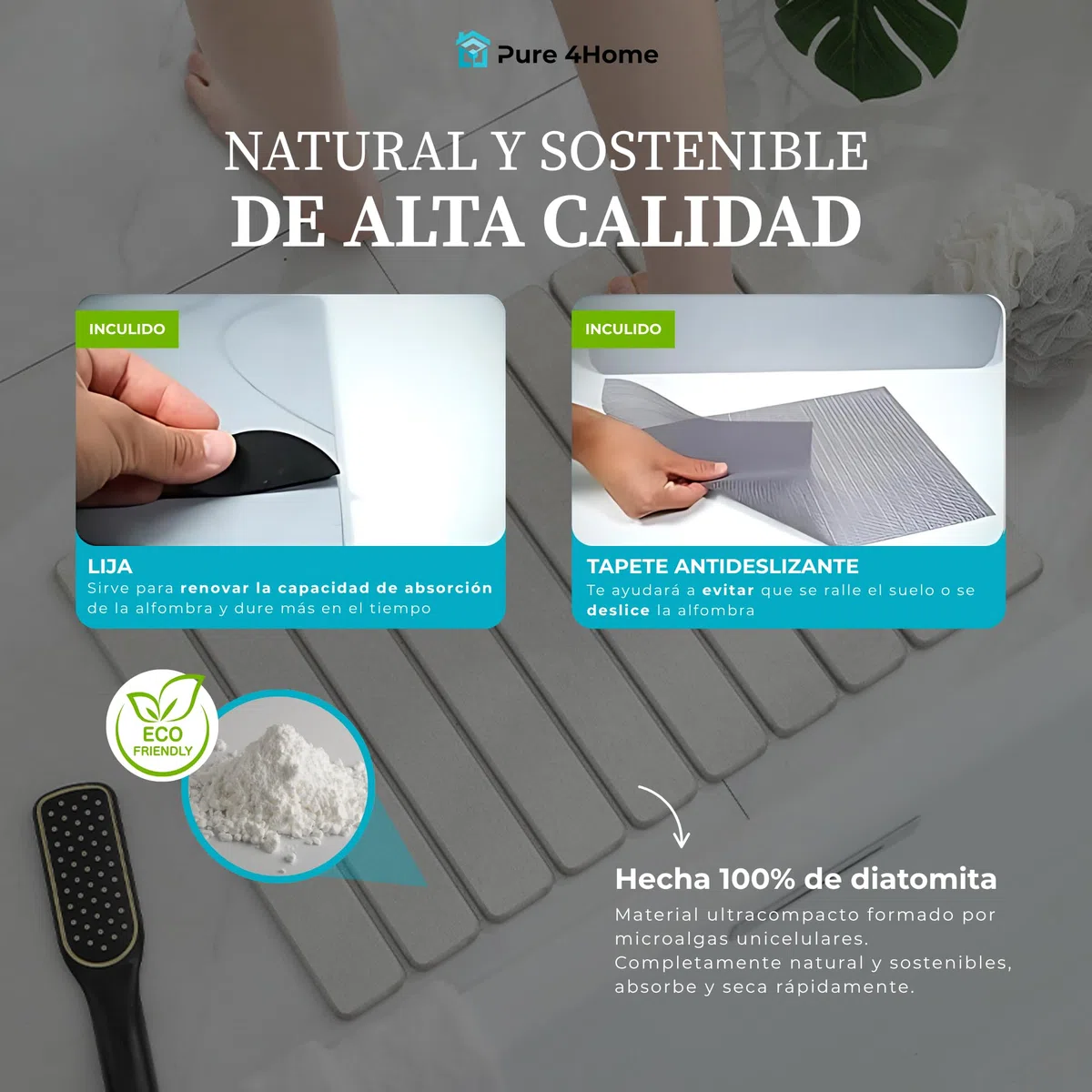Pure 4Home Alfombra de Baño de Diatomita Plegable 60x39cm | Piedra Absorbente con Malla Antideslizante para Ducha o Cocina | Secado Rápido y Antibacteriana | Alfombra de Piedra Diatomita (Blanco)