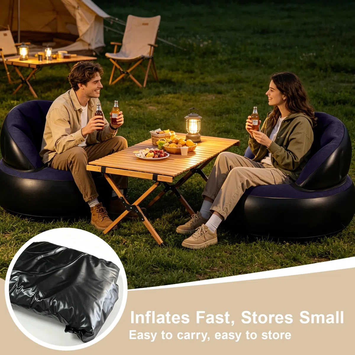Sillón hinchable con bomba, sillón de aire plegable para interior y exterior, cómodo sofá hinchable para adultos y niños, puf portátil de repuesto para salón, camping, balcón (azul oscuro)