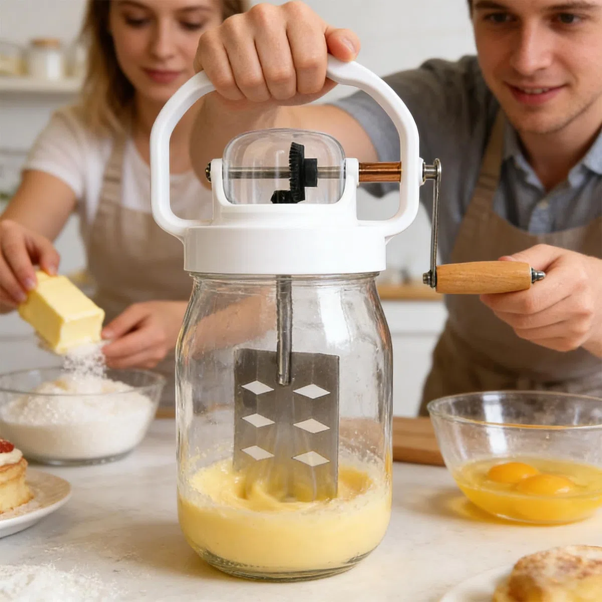 Batidor Manual de Mano Batidora manual de 1.5 litros | con Frasco de Vidrio y Varillas Mezcladoras Manuales para hornear pasteles, panes, bollería, galletas y crema para tortitas