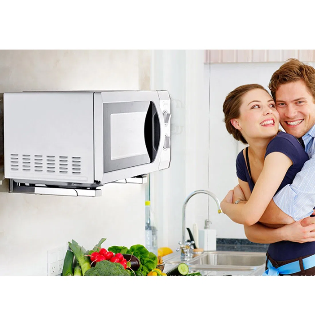 LOKEKE Soporte de pared plegable de acero inoxidable para horno microondas con ganchos de remolque