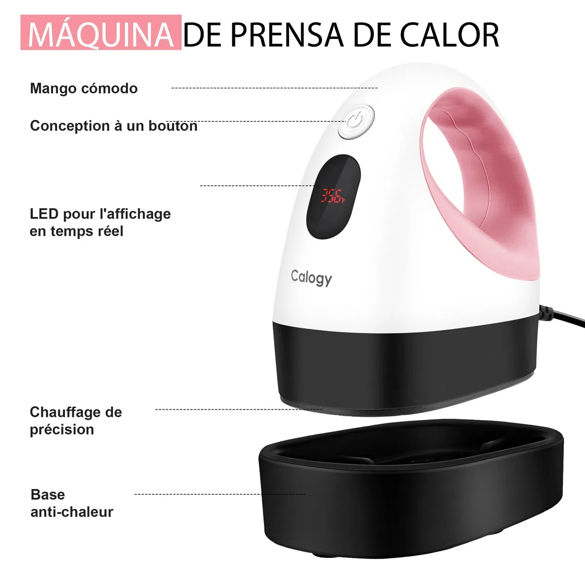 Calogy Mini Prensa De Calor, Impresora De Transferencia De Calor, Plancha Led Pequeña Y Portátil, Control De Temperatura, Base De Seguridad Aislada, Se Adapta A Manualidades, Gorras (Blanco Rosa)